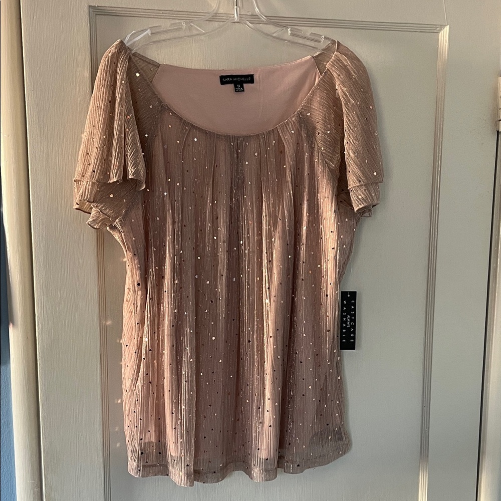 Blush Pink Sparkle Short Sleeve Pleated Top, Sara Michelle, Plus Sz 1X